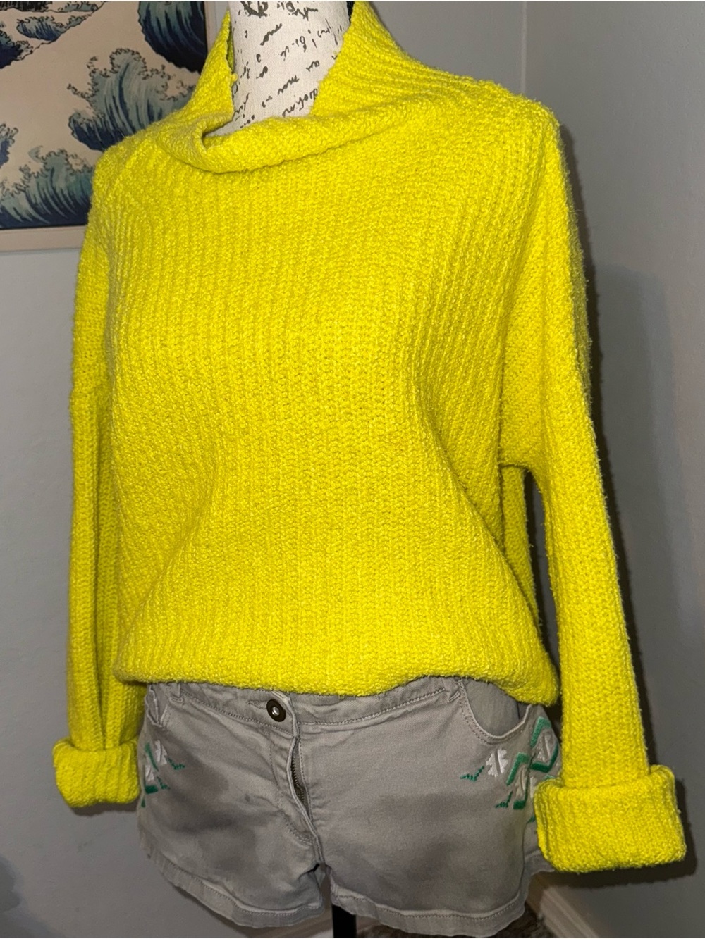 Anthropologie Funnel Neck Mock Neck Neon Bright Yellow Cozy Pullover Sweater Med